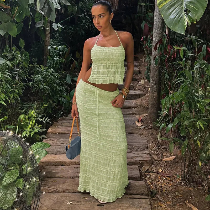 Women's Two-Piece Halter Top & Midi Skirt Set – Gathered Texture, Drawstring Waist-83709-ec5c869a-779a-4df5-bc25-3b0bbb28d2bd