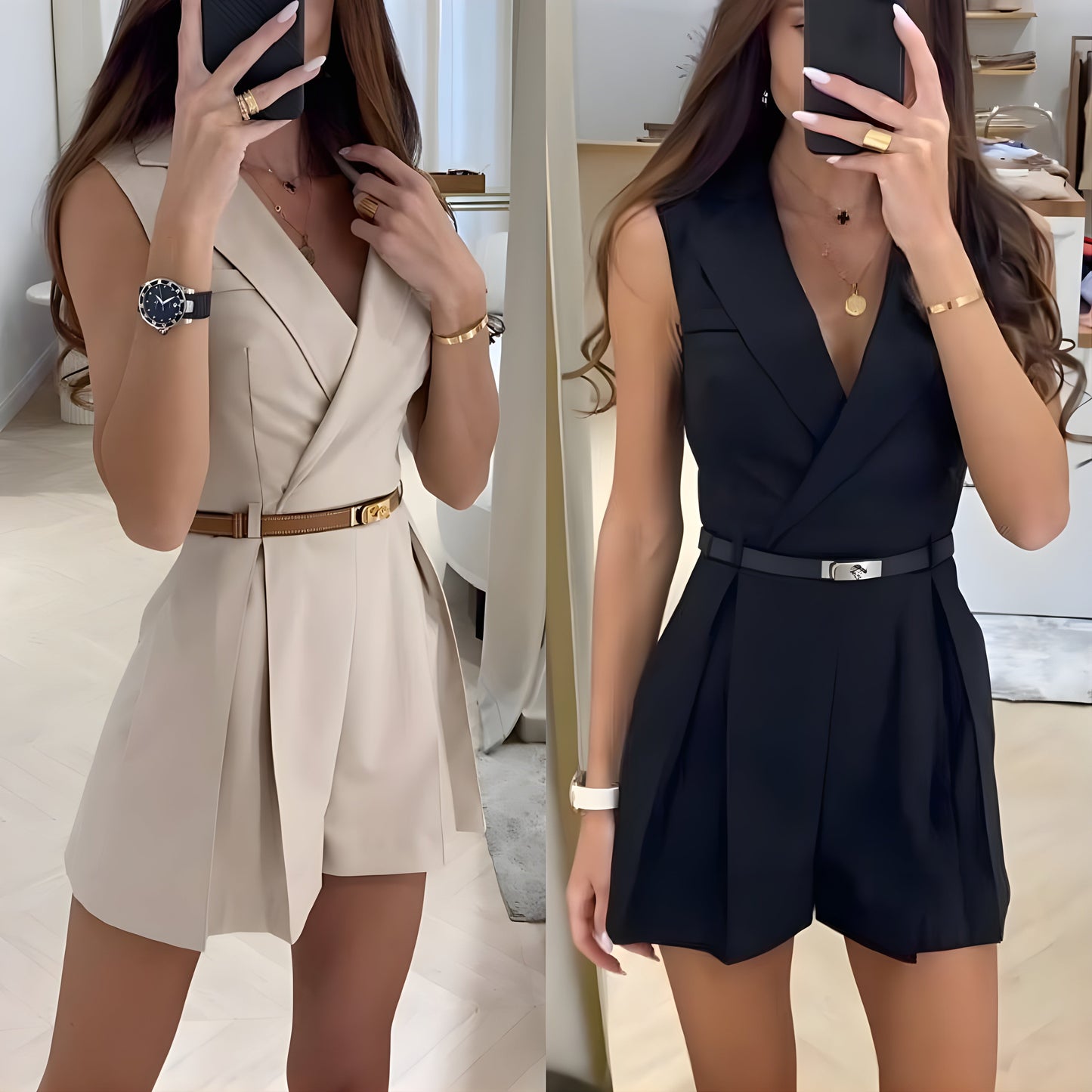 Women's Beige Tailored V-Neck Pleated Sleeveless Dress-77224-ecea46f3-c6f6-453a-a430-dbeb5f372d11