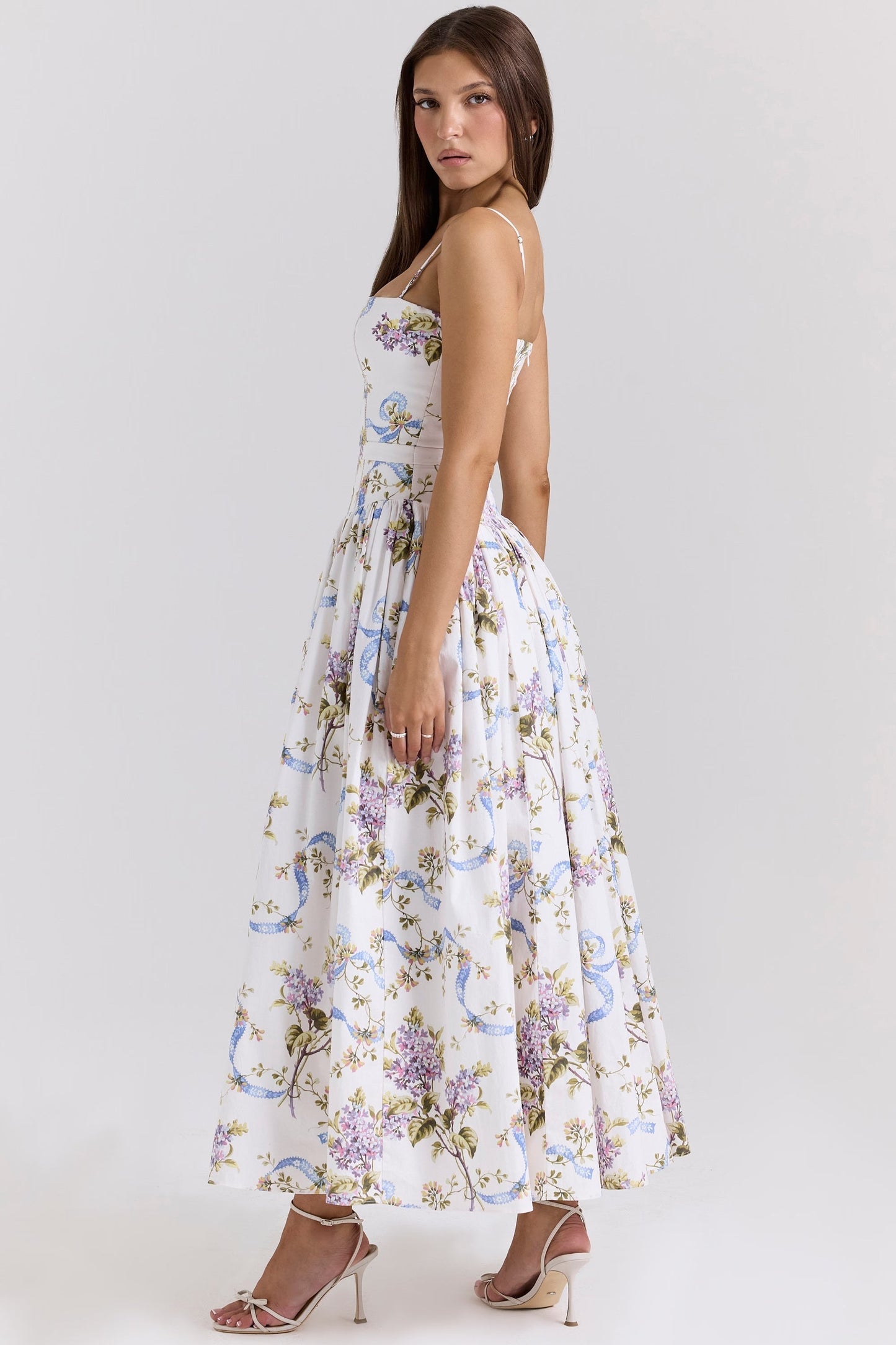 Women's Floral Maxi Dress – White Lightweight Fabric, Fitted Bodice, A-Line Skirt-83226-ed86f35d-7013-4f36-9ca3-f821a24c696b