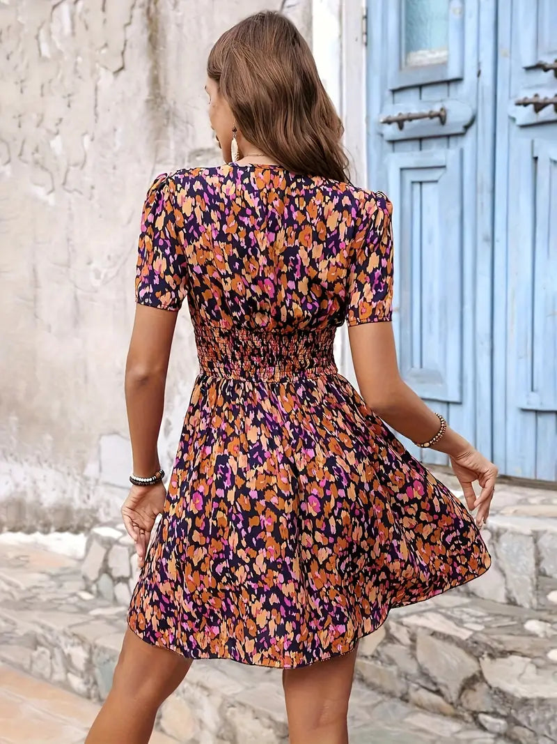 Women's Floral Print V-Neck Dress – Purple Ruched Waist, Short Sleeve, Bohemian Style-82499-edc18d0e-2720-4ae9-9a52-c319f5a391f0