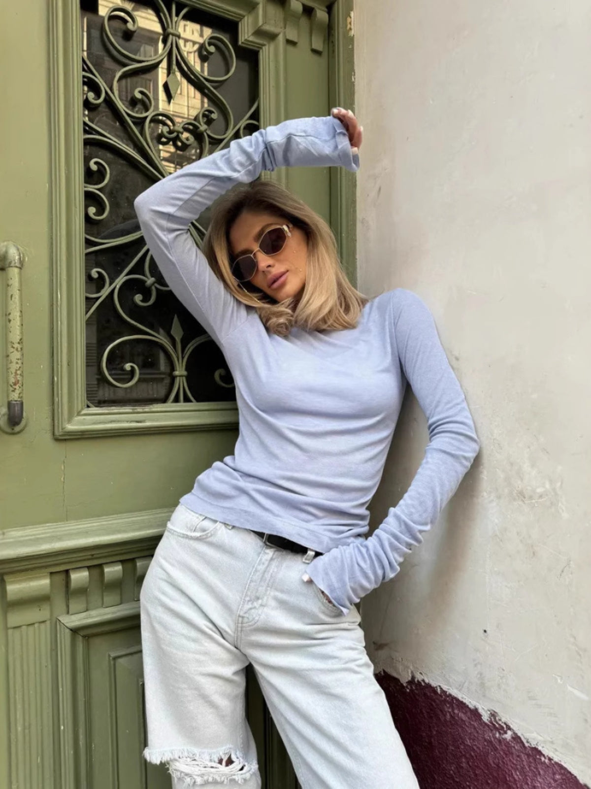 Women's Light Blue Long Sleeve Top - Slim Fit, Crew Neck, Lightweight Pastel-78916-ee0e3883-59c4-4de4-b469-672afa827213