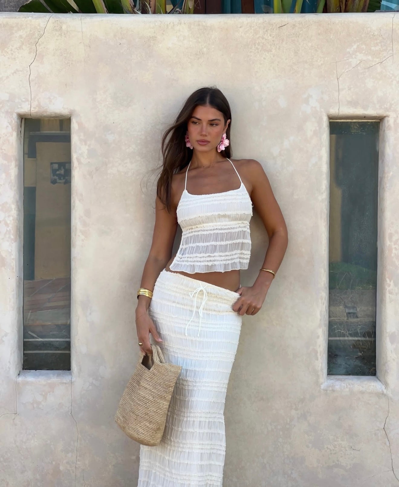 Women's Two-Piece Halter Top & Midi Skirt Set – Gathered Texture, Drawstring Waist-83709-f05de6ed-c464-4d2c-a79d-a1fc4ee8847f