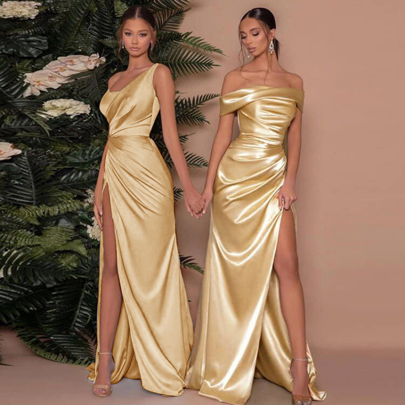 Women's One-Shoulder Satin Gown – High Slit, Draped Bodice, Floor-Length, Black/Gold, Elegant Formal Style-83228-f063b3c9-fcb2-453b-ab0e-a3728af1bfcd