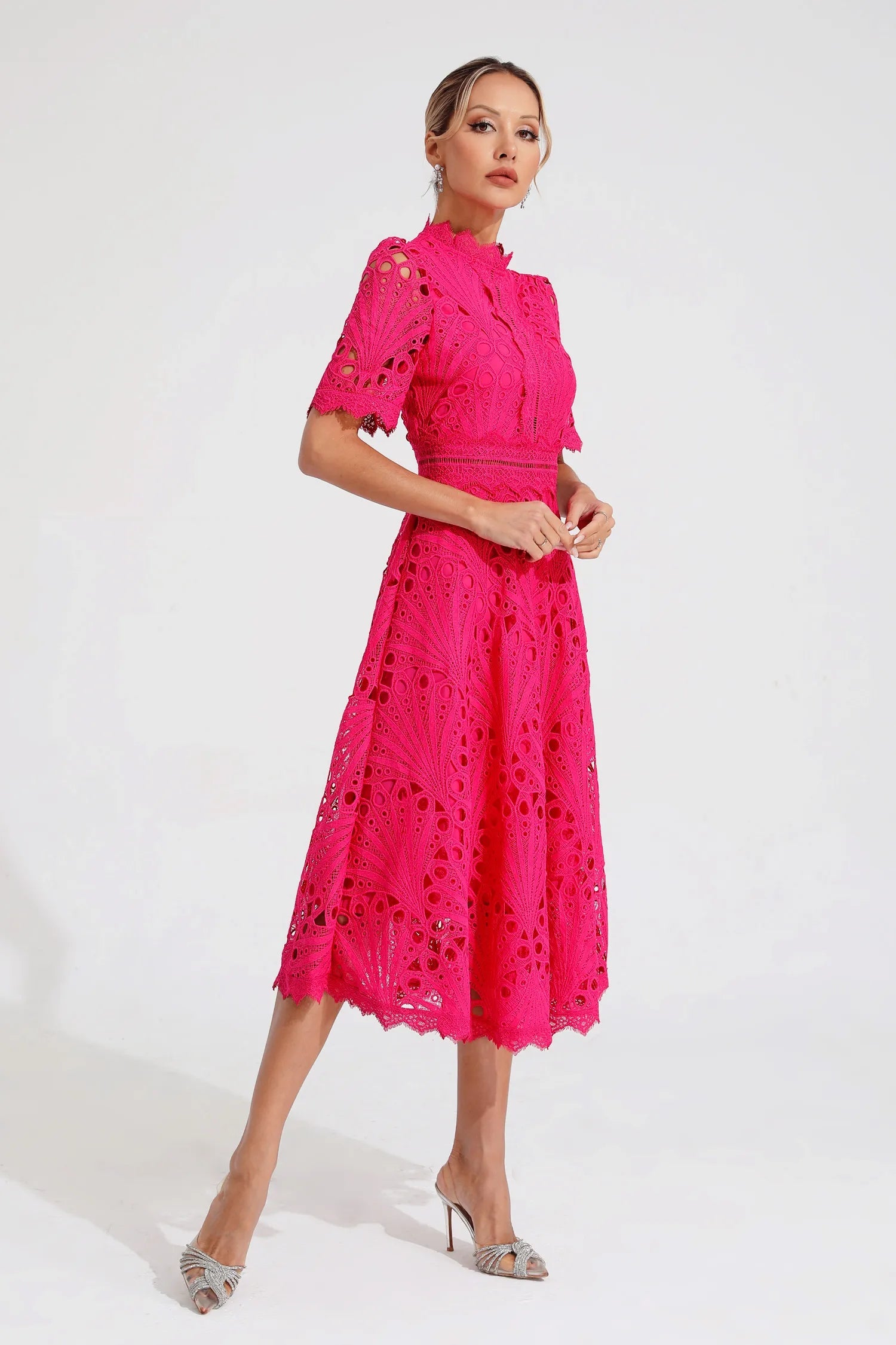 Women's Lace Midi Dress – High Neck, Short Sleeve, Cut-Out Detail-83326-f1aa923e-0039-4581-bce9-d9b95d28537f