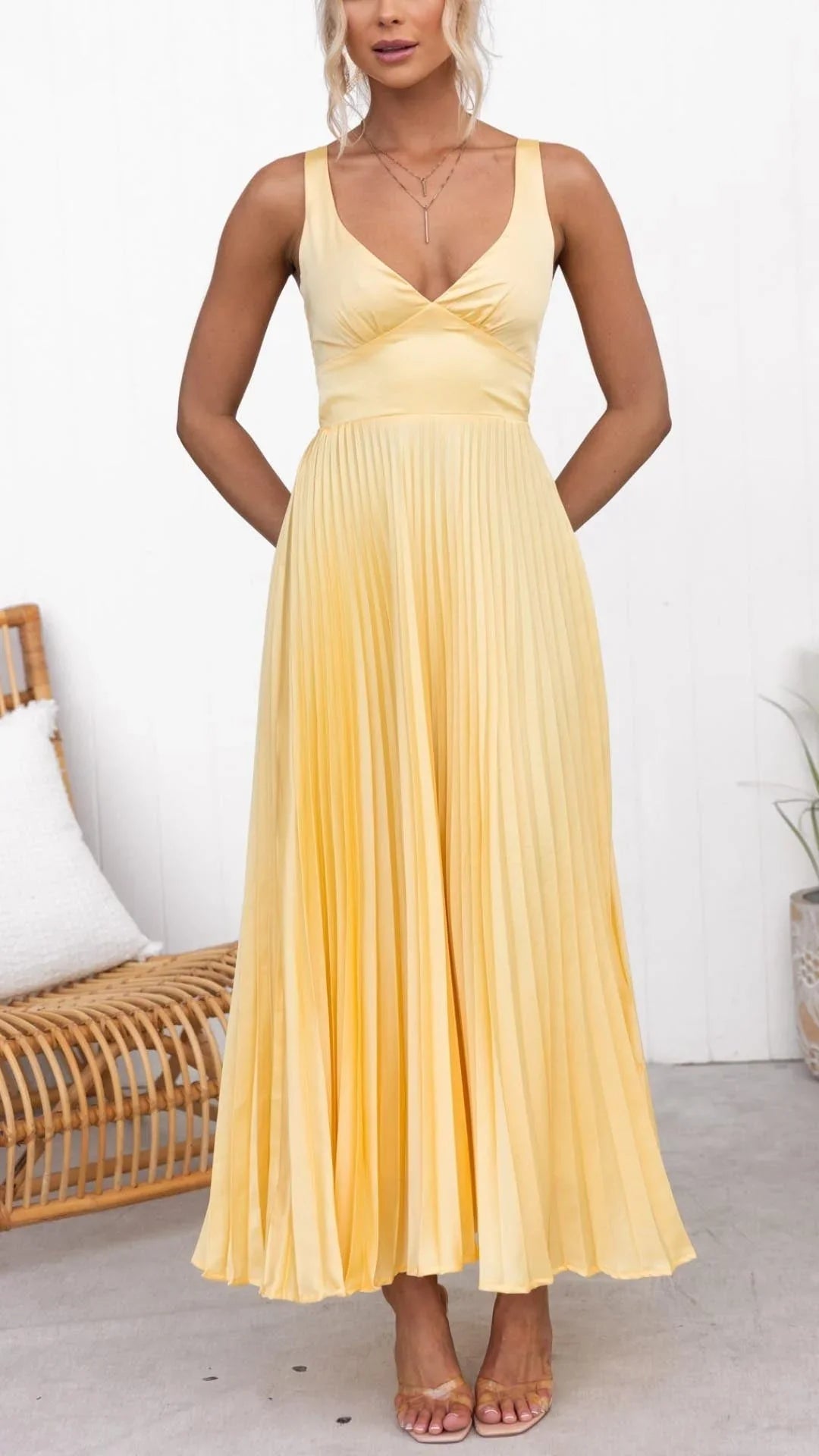 Women's Yellow Pleated Maxi Dress – V-Neck, Thin Straps, Lightweight Fabric-83170-f20a1c1f-9fd8-4b5a-bf6f-e11642a75504
