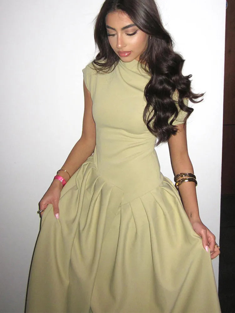Women's Pleated Dress – Fitted Bodice, Midi/Floor Length, High Neckline or One-Shoulder, Green/Black, Sydney Wardrobe-77276-f41210f6-3aeb-41dd-876c-72f558fe9ce6