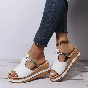 Women's Platform T-Strap Open-Toe Sandals – White, Gold, Black Synthetic Leather-67645-f4421663-b5a6-42f0-a246-a9d3d57fd6a0
