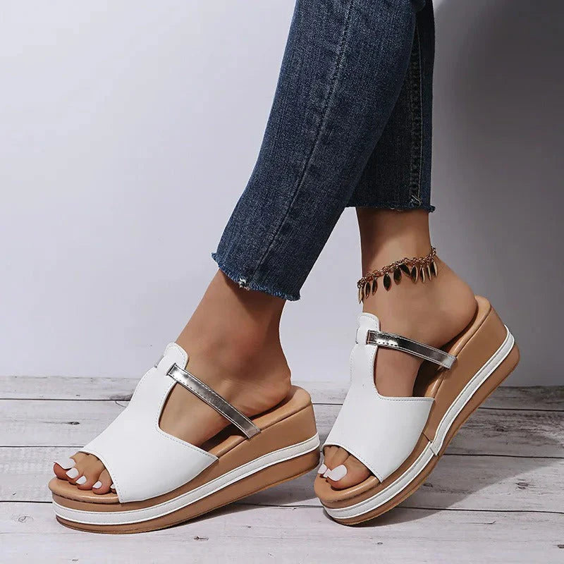 Women's Platform T-Strap Open-Toe Sandals – White, Gold, Black Synthetic Leather-67645-f4421663-b5a6-42f0-a246-a9d3d57fd6a0