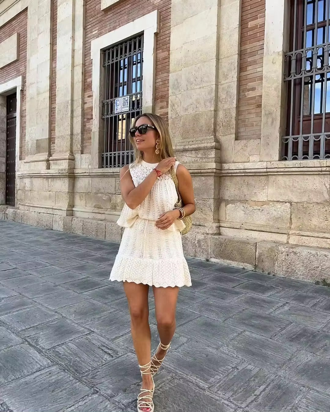 Women's Open-Knit Two-Piece Set – Sleeveless Top, Scalloped Hem Skirt, Drawstring Waist, Bohemian, Black/Off-White-81510-f4b11e53-6e9b-4c1b-ae8d-14bd31c902dc