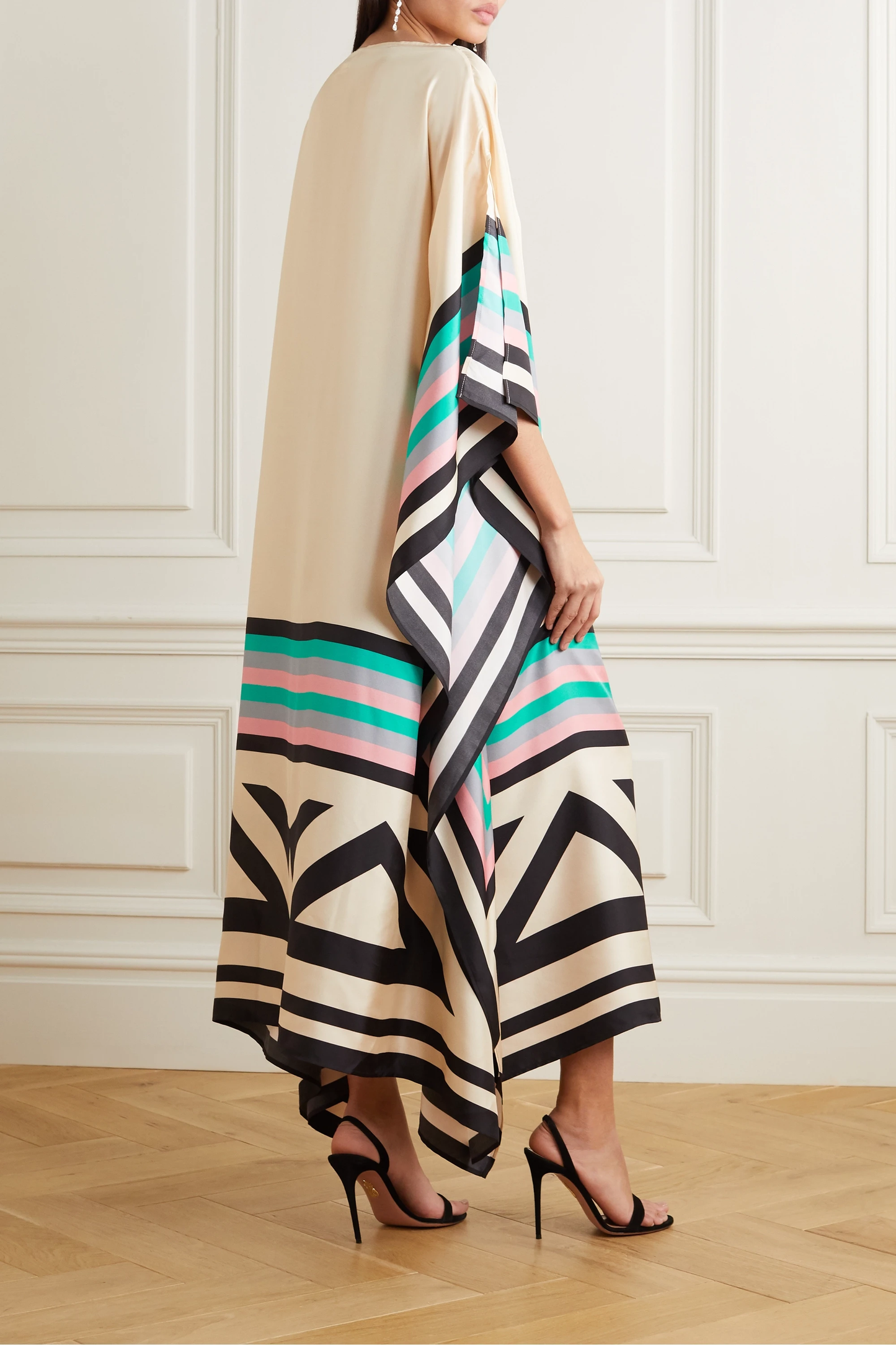 Women's Color-Block Caftan Midi Dress – Silk Blend, Asymmetrical Hem-83243-f579ee43-5936-493a-8aa0-ffb824248507