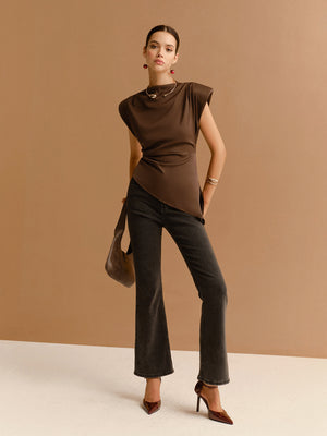 Women's Brown Satin Top – Structured Shoulder, Wrap Waist, High Neck-83250-f78d04a1-fba6-4e49-8d23-6b82598b89ac