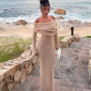 Women's Off-Shoulder Shimmer Dress – Flared Sleeves, Metallic Beige White-77267-f8497f82-1288-4493-9610-ebb50326c49c