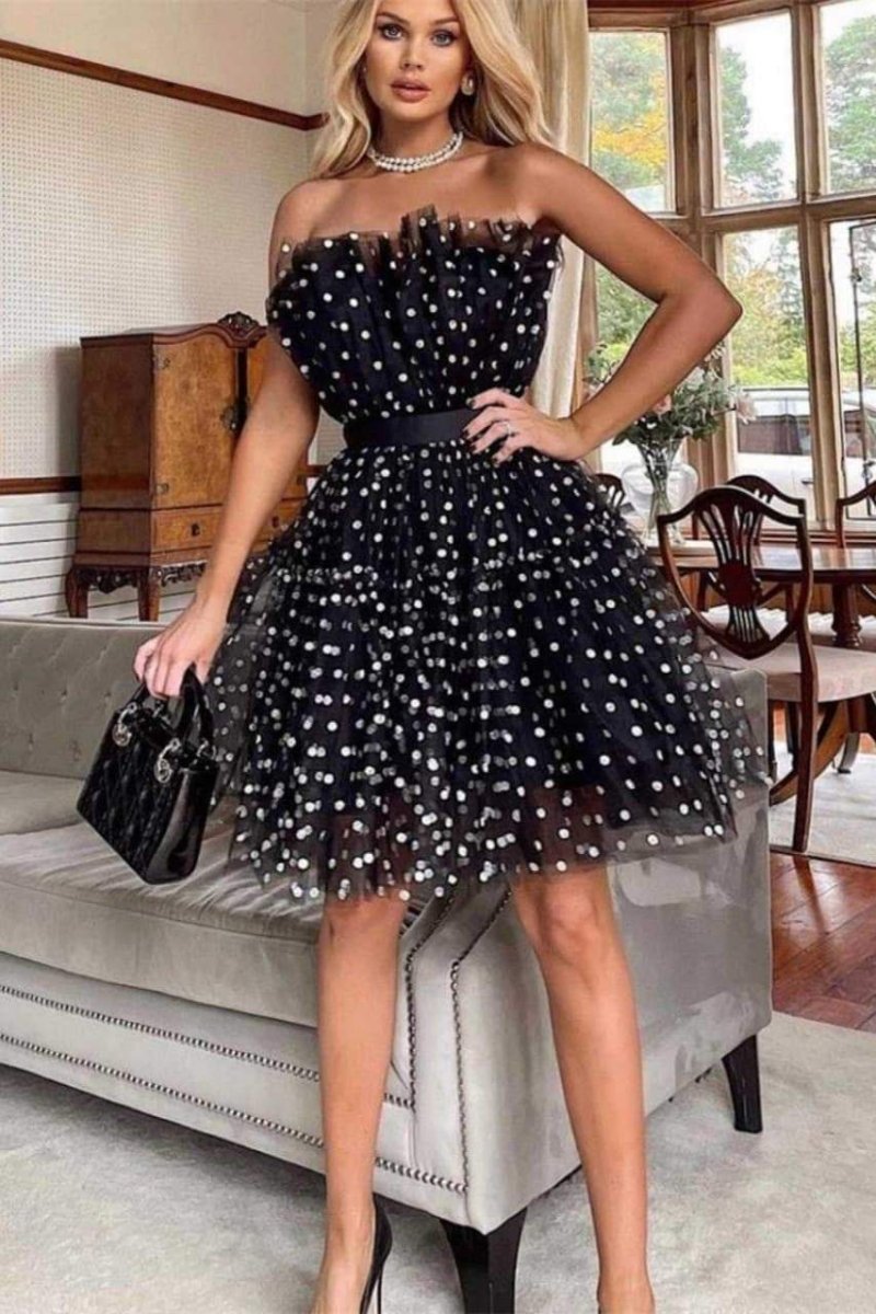 Women's Black Strapless Polka Dot Tulle Mini Dress with Ruffled Bodice & Satin Bow-81042-f8f8ea48-1125-4e89-b598-cd5ef46b8278