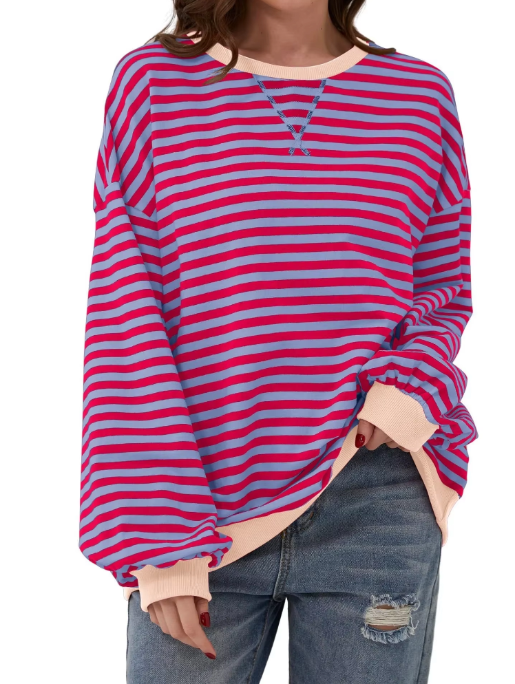Women's Striped Knit Sweatshirt - Oversized, Long Sleeve, Contrast Trim-81356-f9050178-04ab-4445-9665-b0367f6ae13e