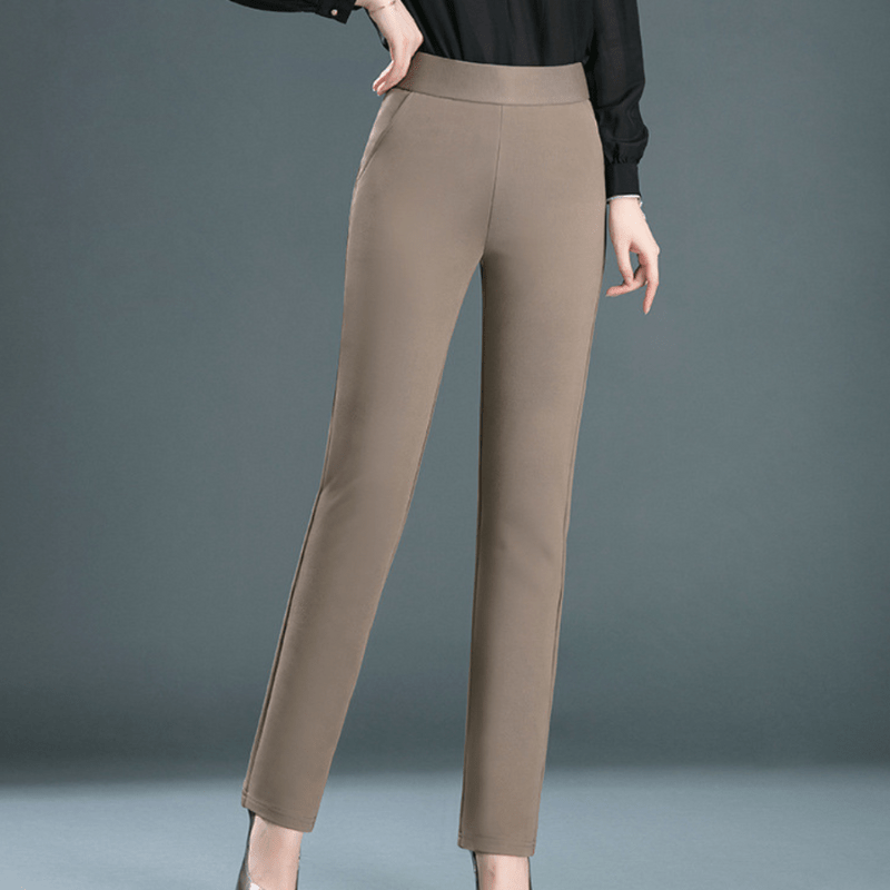 Women's Beige High-Waisted Tailored Straight-Leg Trousers with Stretch Fabric-67649-f9f13fcd-9ca3-490a-b2a7-9ff85875f97b