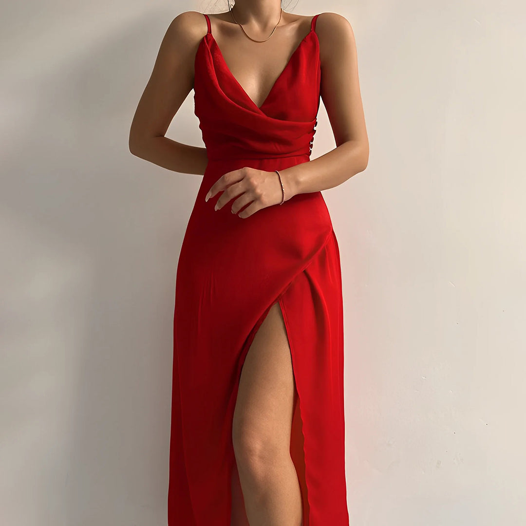Women's Floor-Length Dress – Black Satin Cowl Neck, High Slit, Elegant-82627-f9f6b1d9-5116-4c06-9bfd-935de4fdf8bd