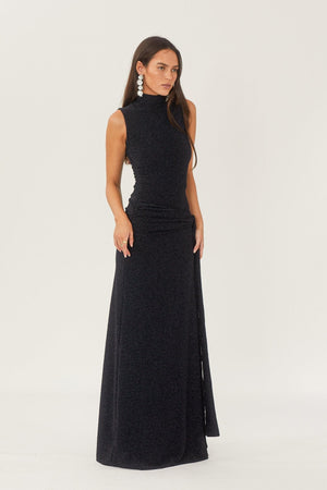 Women's Black Maxi Dress – High Neck, Sleeveless, Gathered Waist, Floor-Length, Elegant Style-81057-f9fa749b-5247-418d-9bbd-8beb9ecf24cb