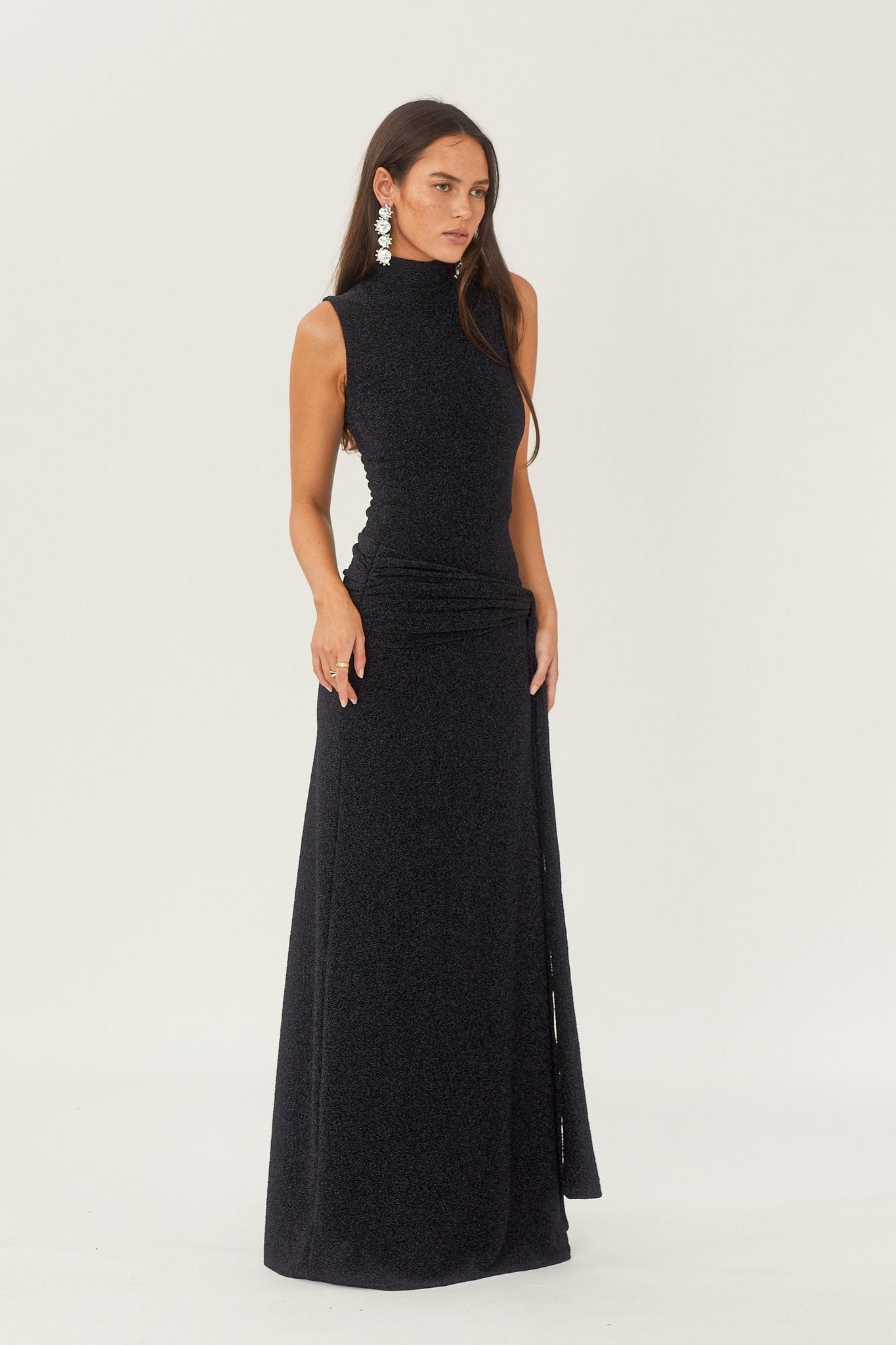 Women's Black Maxi Dress – High Neck, Sleeveless, Gathered Waist, Floor-Length, Elegant Style-81057-f9fa749b-5247-418d-9bbd-8beb9ecf24cb