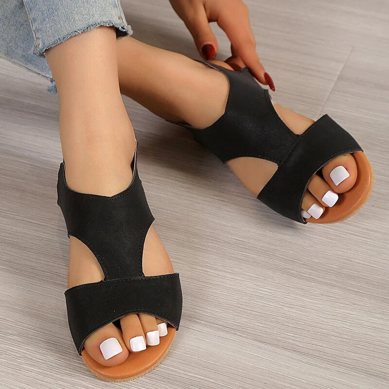 Women's Flat Sandals – T-Strap, Cut-Out Faux Leather, Adjustable Ankle Strap, White/Black/Brown-82727-fc4a8ca4-f787-4e31-a44e-c991e4e98ff8