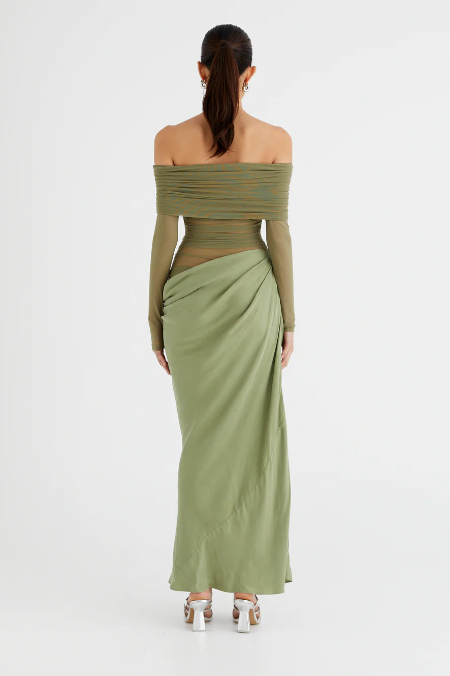 Women's Sheer Mesh Off-Shoulder Maxi Dress - Draped Skirt, Ruched Bodice, Black/Olive Green-81020-fc4ed670-c996-437c-872d-7c579059a393