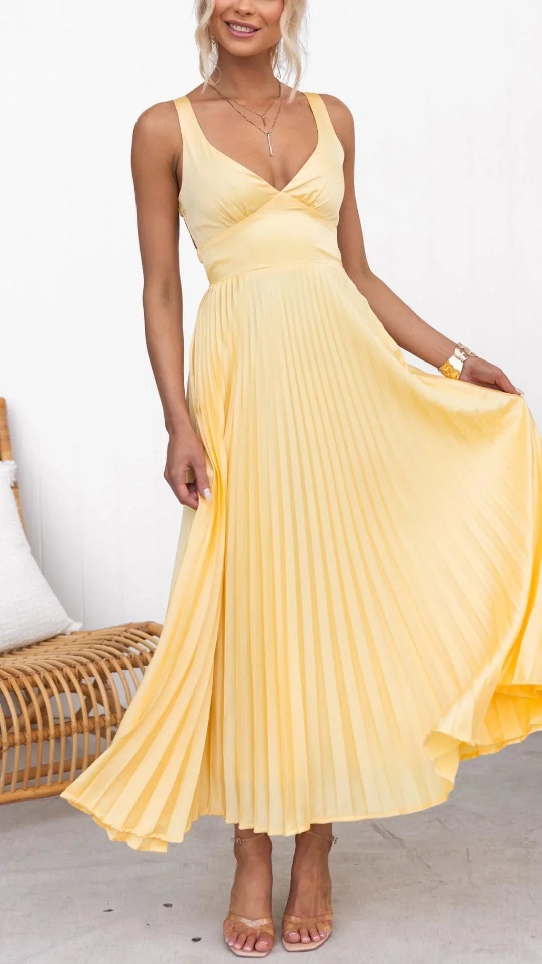 Women's Yellow Pleated Maxi Dress – V-Neck, Thin Straps, Lightweight Fabric-83170-fcbac826-d8c4-4d32-a86d-388c4e10196d