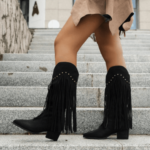 Women's Knee-High Boots – Tan Suede, Fringe, Metallic Studs, Block Heel, Pointed Toe-67732-fd14e84f-9d99-41ab-b4e1-2ec5e1e67927