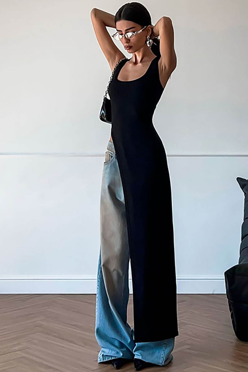 Women's Sleeveless Slit Top – Asymmetrical Hem, Fitted, Black, Red, White-81088-fe7b4346-66ab-4b36-a75c-42e56e80e31f