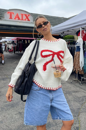 Women's Knit Top – Cream with Large Red Bow, Red Trim, Crew Neck-80702-fec6b95f-82f4-462b-89ae-977ebcee07e1