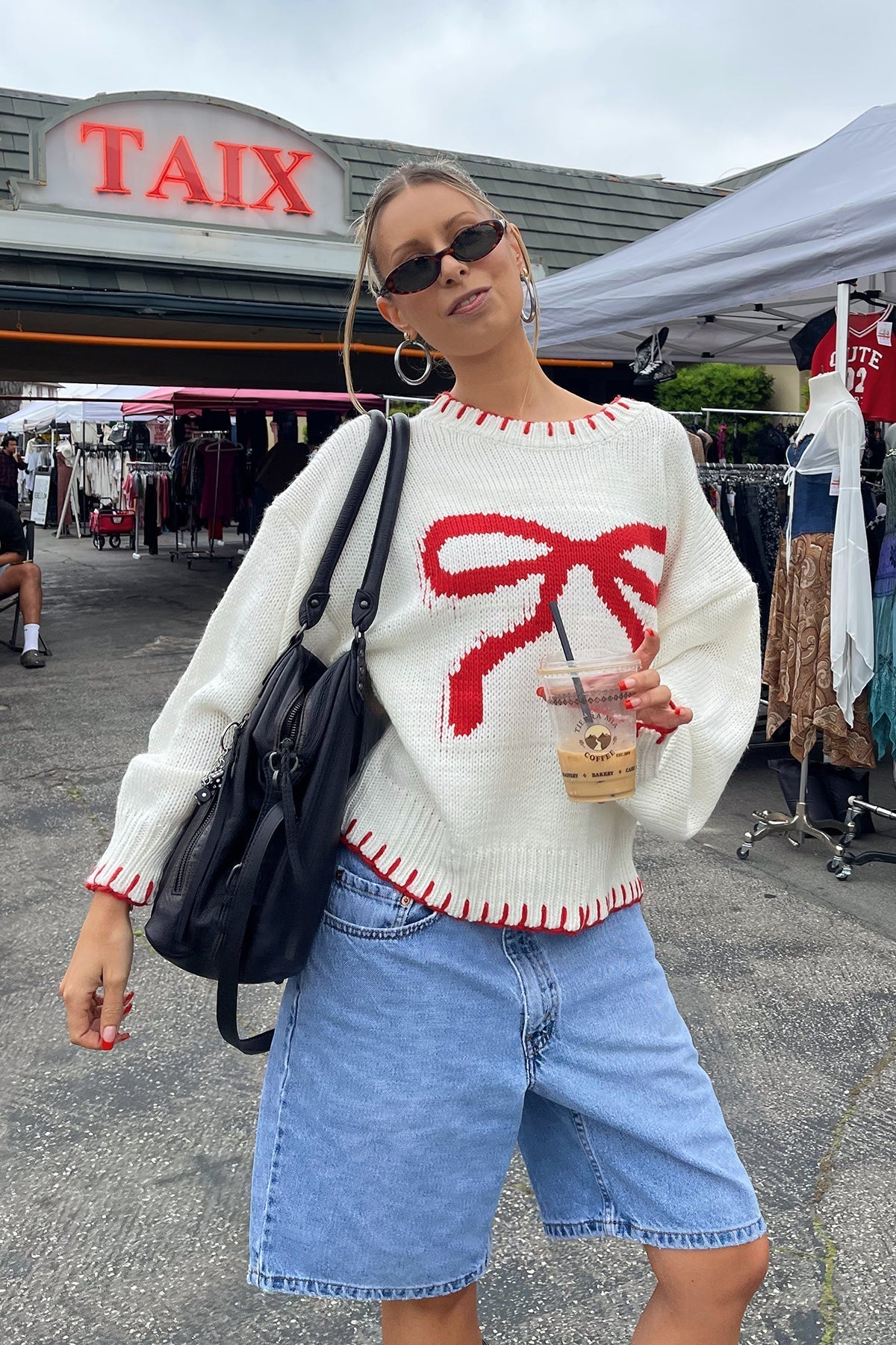 Women's Knit Top – Cream with Large Red Bow, Red Trim, Crew Neck-80702-fec6b95f-82f4-462b-89ae-977ebcee07e1