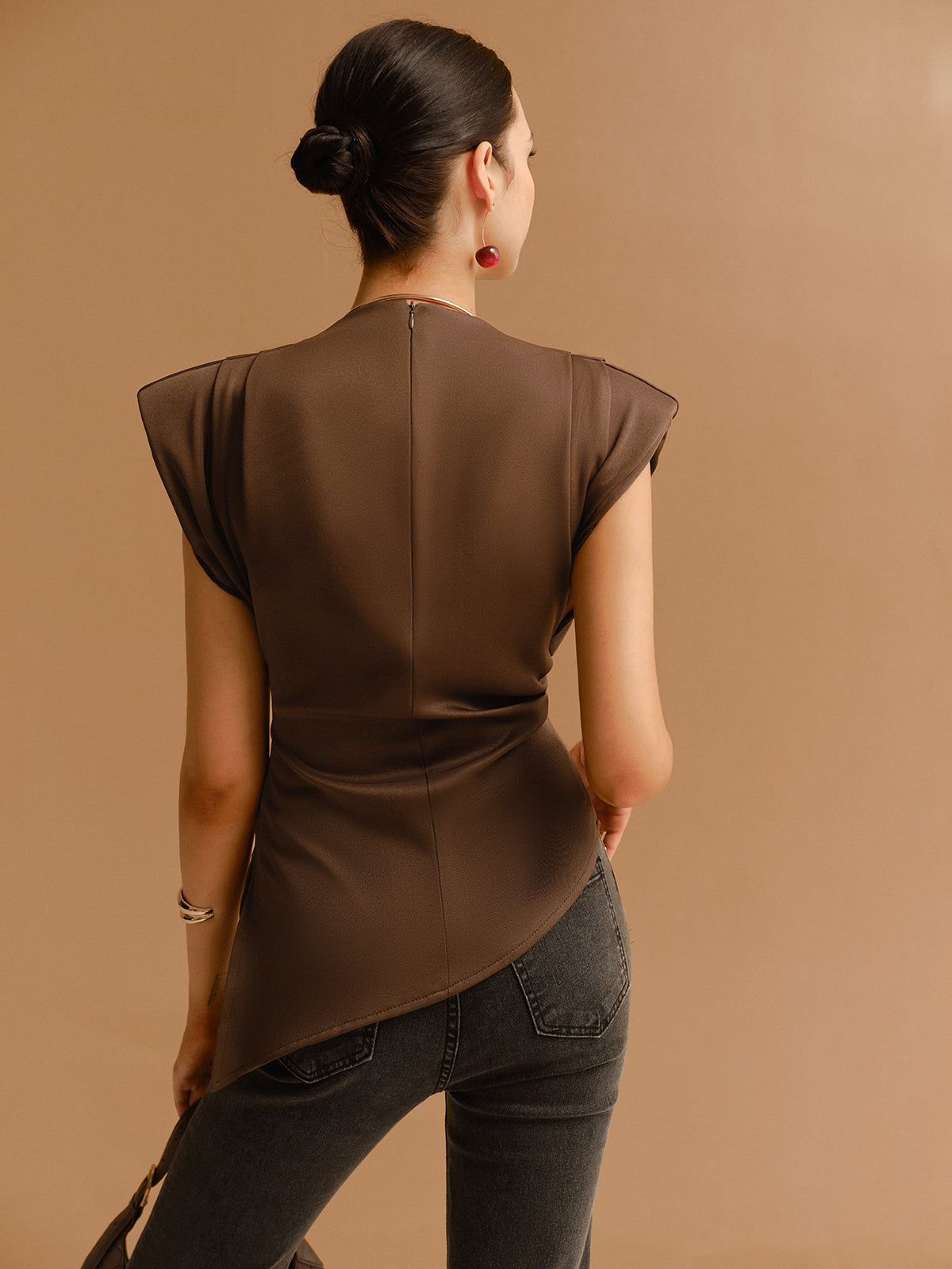 Women's Brown Satin Top – Structured Shoulder, Wrap Waist, High Neck-83250-ff3bff1d-7f2b-4ef8-a360-7f55f32480c7
