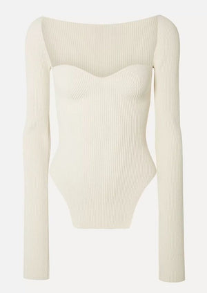 Women's Ribbed Knit Long Sleeve Top – Square Neck, Asymmetrical Hem, Form-Fitting-77124-ff42949a-ef62-416a-83fe-5c2051e389f5