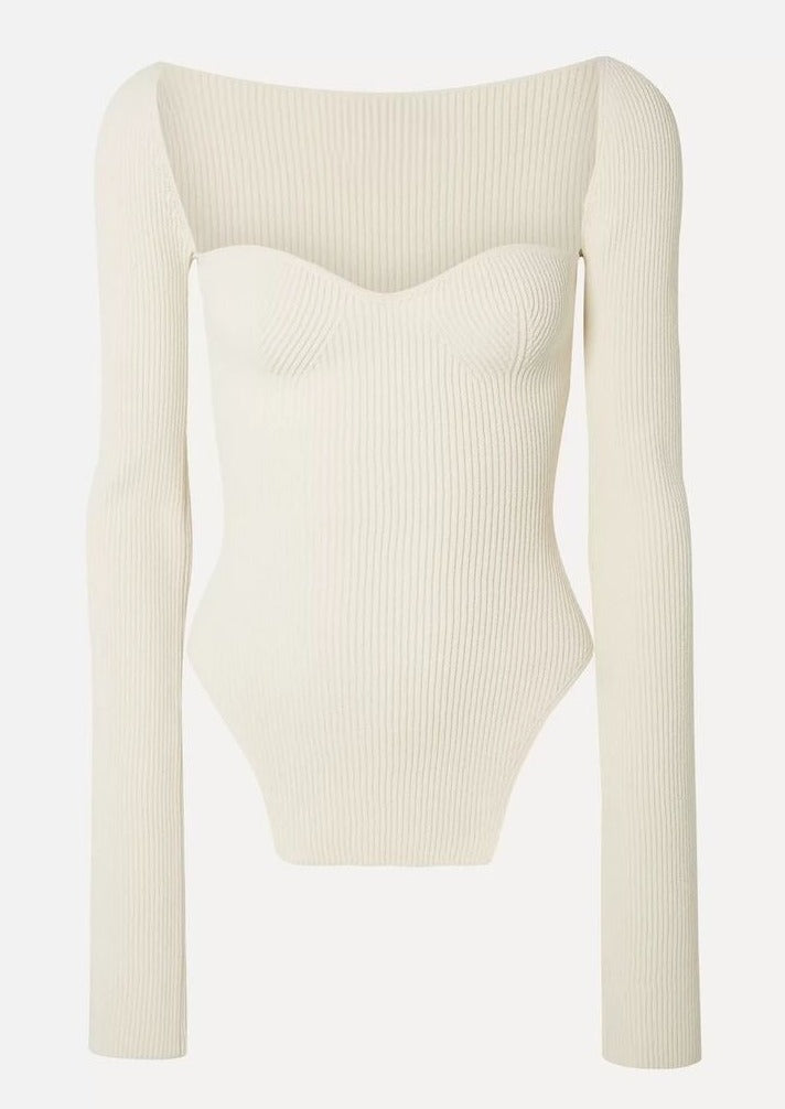 Women's Ribbed Knit Long Sleeve Top – Square Neck, Asymmetrical Hem, Form-Fitting-77124-ff42949a-ef62-416a-83fe-5c2051e389f5