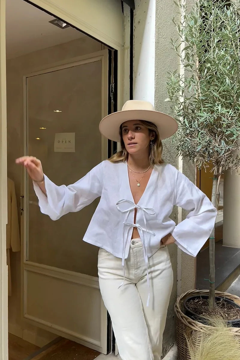 Women's Linen Two-Piece Outfit – Long Sleeve Tie-Front Top & Elastic Waist Shorts, Relaxed Fit-83296-ffbb7dff-d3a9-459c-acb8-a332e7ef9bc2