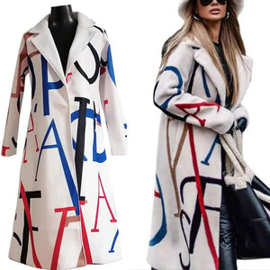 Women's Cream Wool Blend Coat – Bold Lettering, Relaxed Fit, Oversized Sleeves, Modern Style-55072-59499662082391